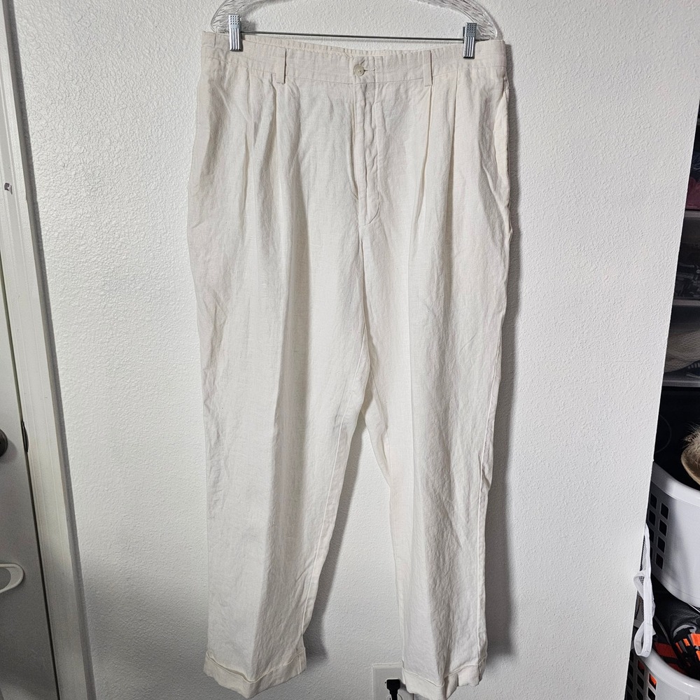Turnbury Mens 38x32 Pleated Linen Pants Off White Cream Cuffed Straight Leg